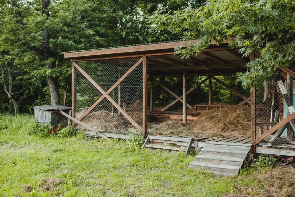 A rustic wooden chicken coop with hay inside, surrounded by lush greenery in an outdoor yard setting.